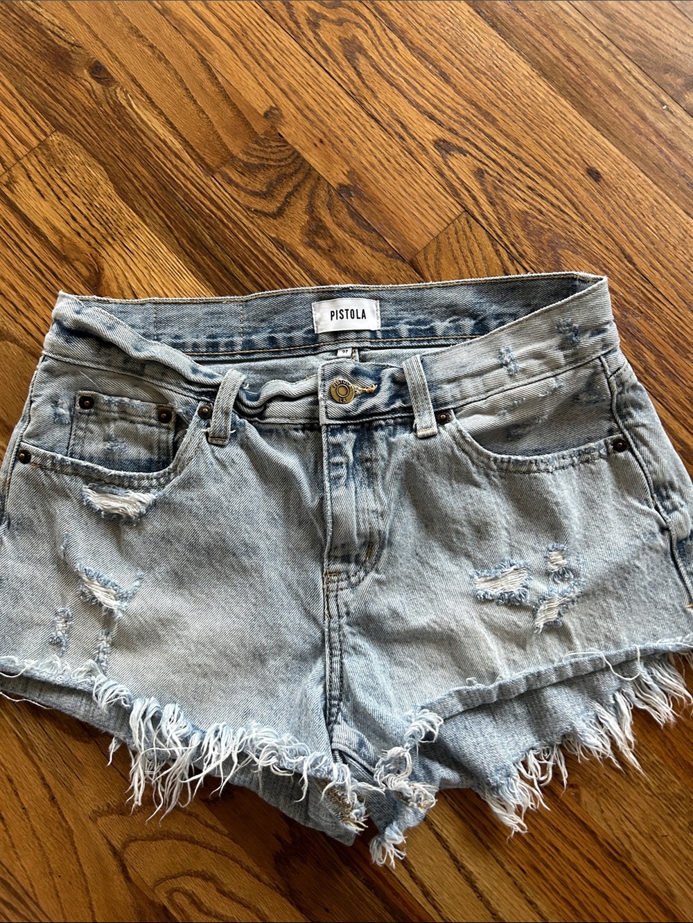 pistola Vintage Light Blue Distressed Denim Cutoff Shorts
